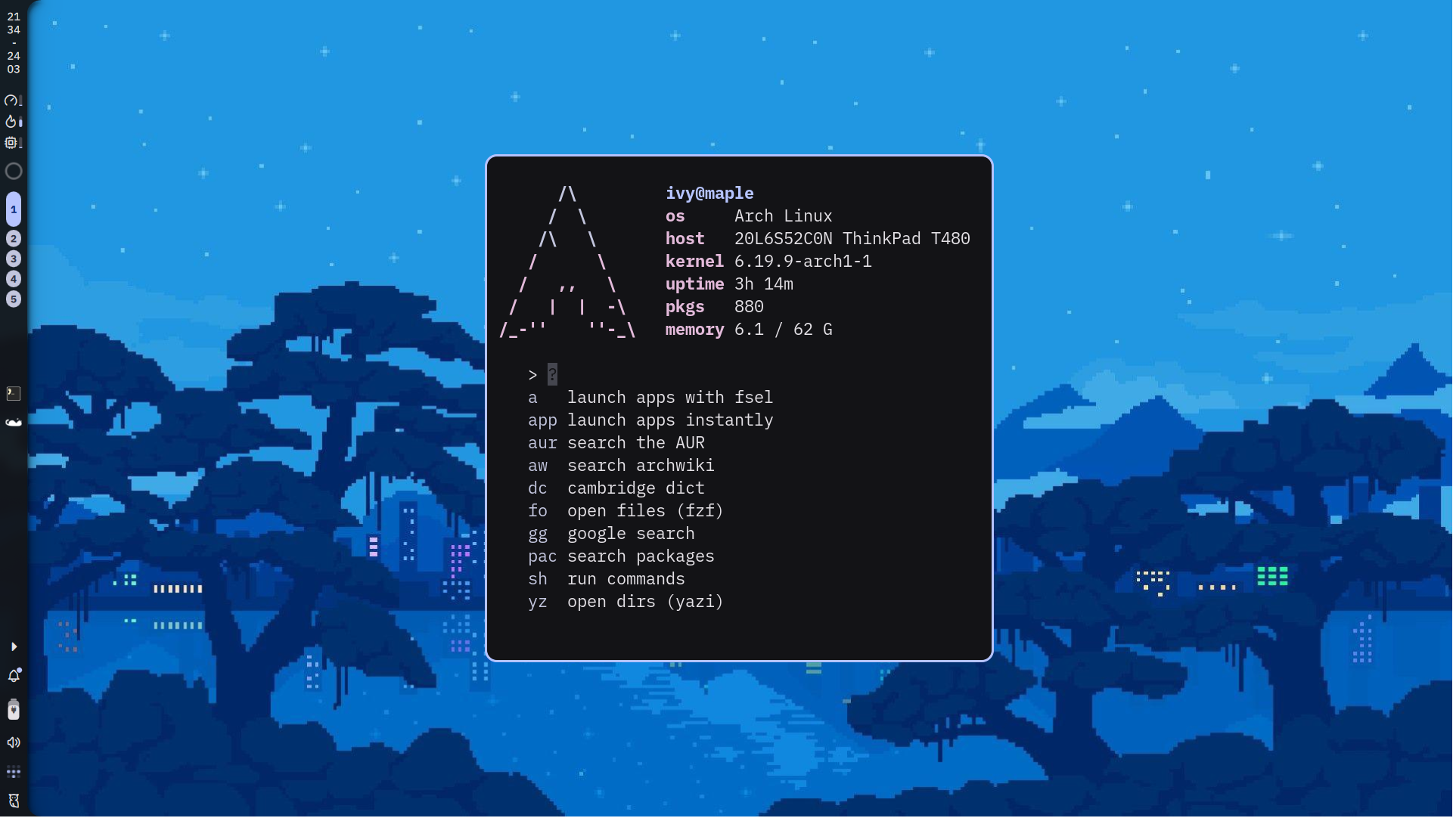 A screenshot showing a desktop enviroment with a background showing a pixelated city. The foreground has a window open with the system infromation, and menu options inside.